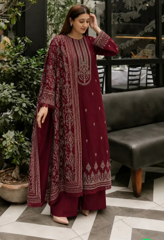 Peach leather by khoobsurat brand emb 3pc suit unstitch
