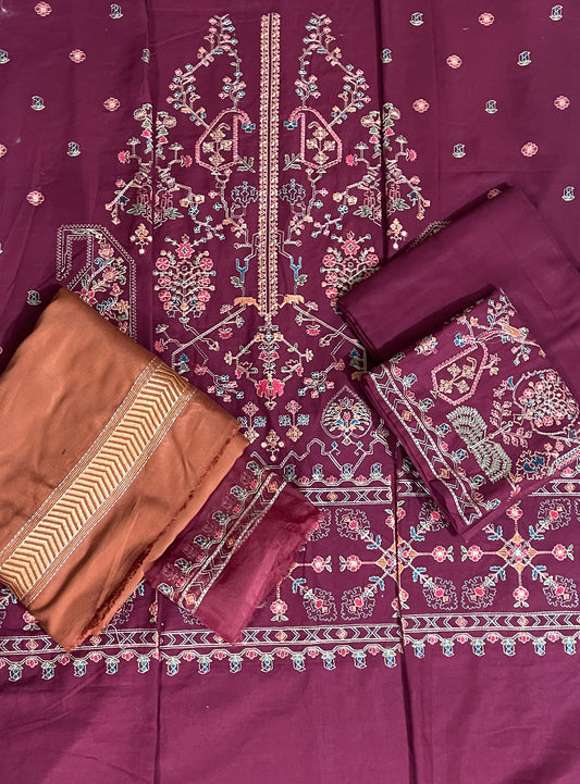 Cross stitch emb 3pc suit generation Khaddar with emb cotail shawl