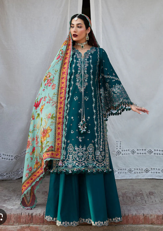Cross stitch emb 3pc suit lawn with silk dupatta