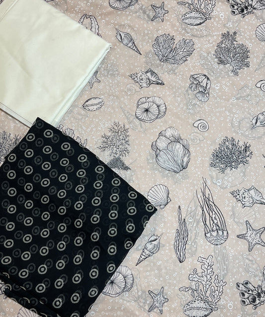 Cross stitch printed 3pc suit with chiffon dupatta