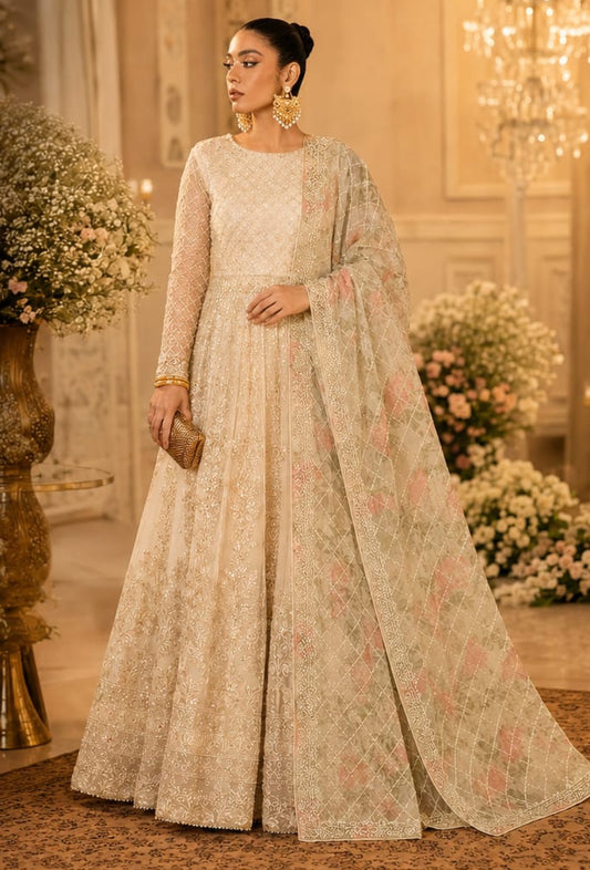 Cross stitch formal maxi organza stuff front 12 kaliya back 10 kaliya 7.5 mtr silk fabric