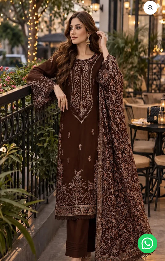 LEATHER PEACH WOOL SHAHANA Emb 3PC Unstitch Dress