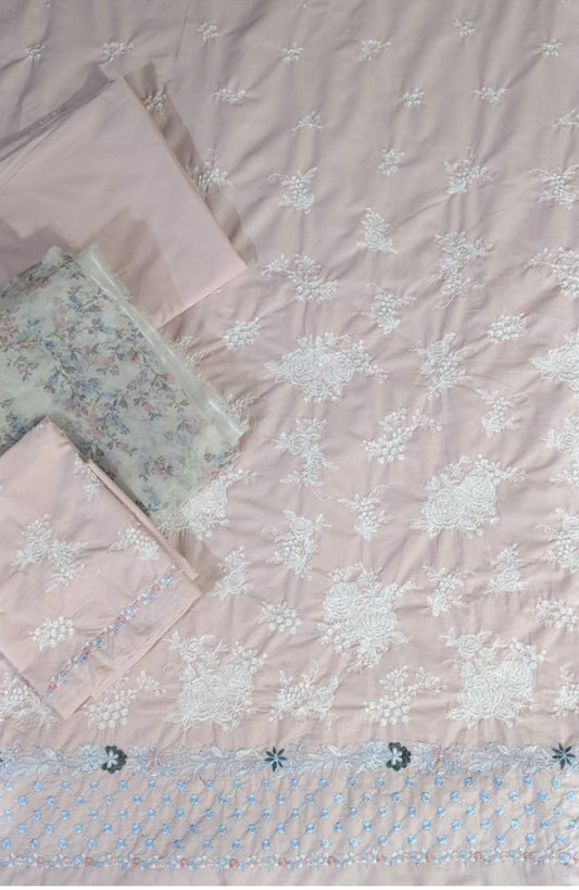 Cross stitch emb lawn 3pc suit with organza printed dup