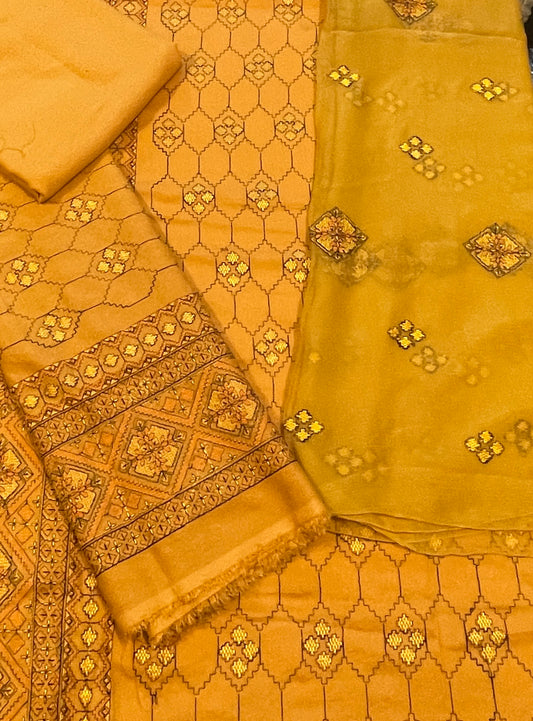 Peach leather with wool shawl emb 3pc