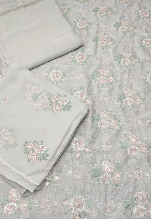 Peach leather emb 3pc suit with emb chiffon dupatta