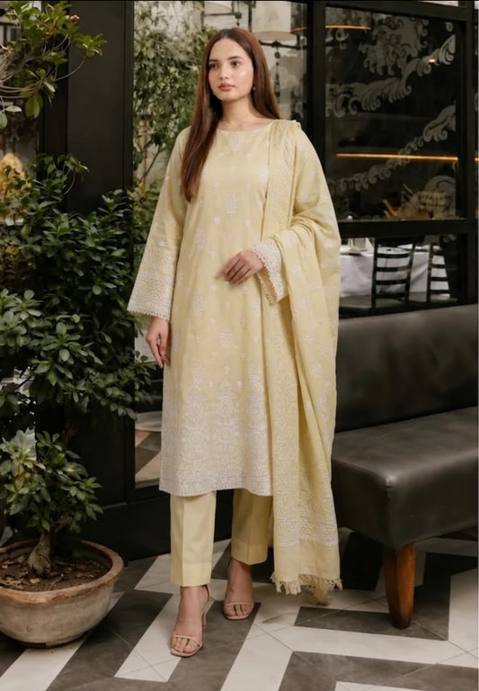 LEATHER PEACH WOOL SHAHANA Emb 3PC Unstitch Dress