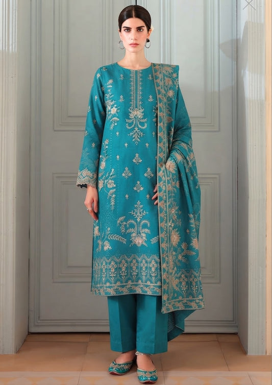 LEATHER PEACH WOOL SHAHANA Emb 3PC Unstitch Dress