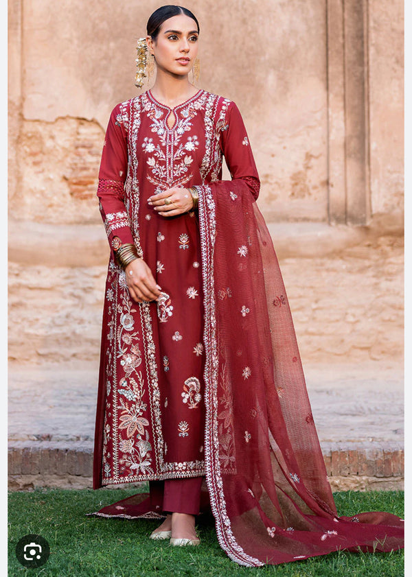 Cross stitch emb 3pc suit lawn with organza net dupatta
