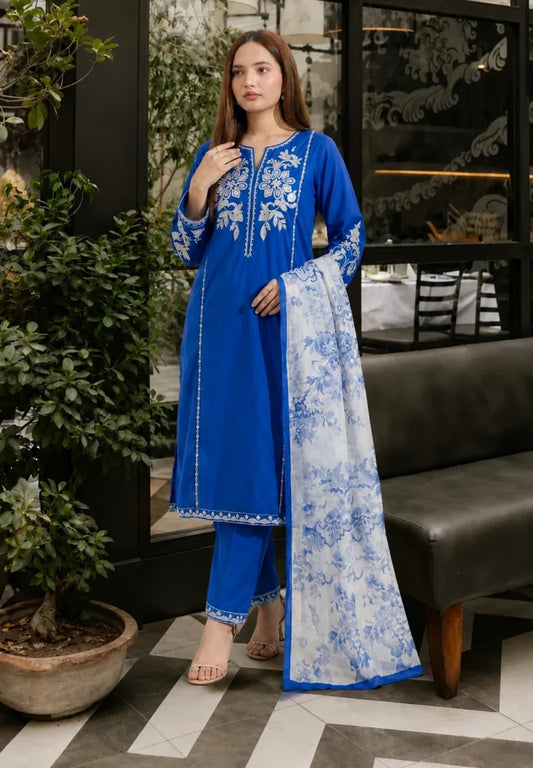 SHAHANA ROYAL BLOSSOM – COTTON EMBROIDERED 3PC SUIT WITH PRINTED DUPATTA