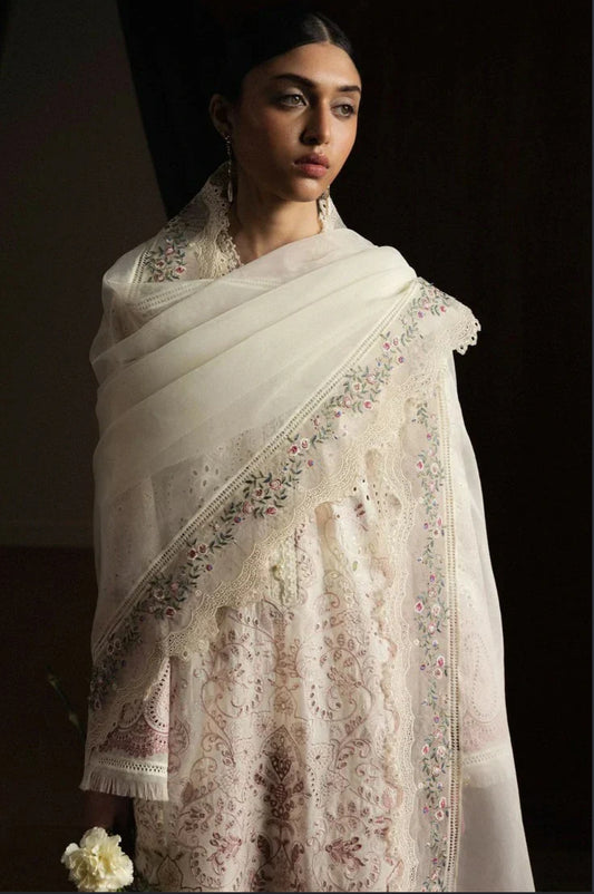 Zara shahjahan original left over emb 3pc suit with organza dupatta unstitch