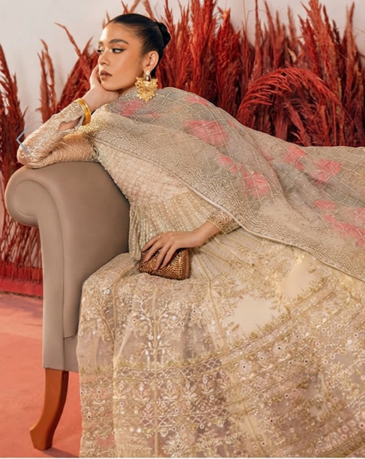 Cross stitch formal maxi organza stuff front 12 kaliya back 10 kaliya 7.5 mtr silk fabric