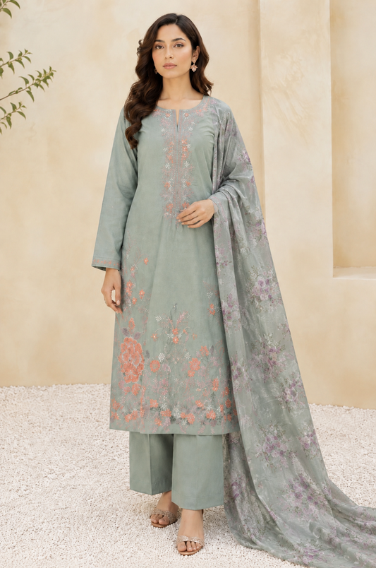 Cross stitch emb lawn 3pc with silk dupatta
