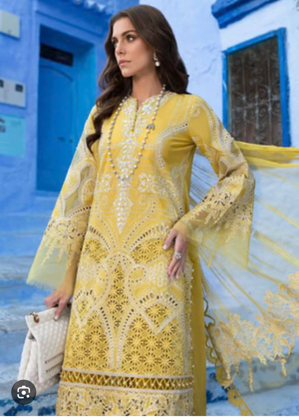 New latest desain emb 3pc suit lawn with net dupatta 100% original same as Maria b