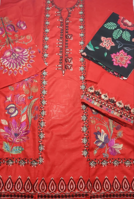 Zaha emb khaddar3pc suit with printed cross stitch shawl
