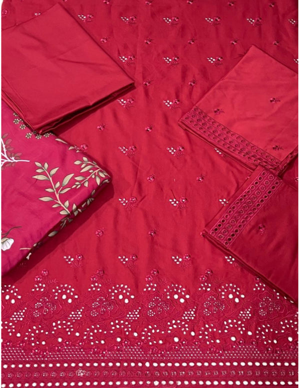 Cross stitch emb 3pc suit satin with printed shawl