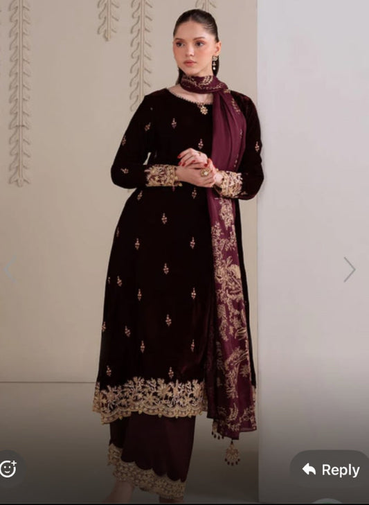 Cross stitch formal emb velvet 3pc suit unstitch with block print silk dupatta