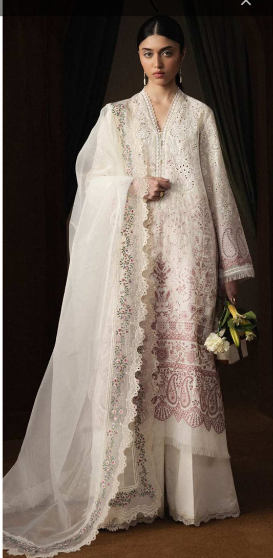 Zara shahjahan original left over emb 3pc suit with organza dupatta unstitch