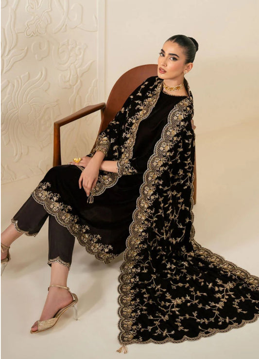 Cross stitch formal emb velvet 3pc suit unstitch same velvet trouser