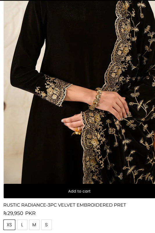 Cross stitch formal emb velvet 3pc suit unstitch same velvet trouser