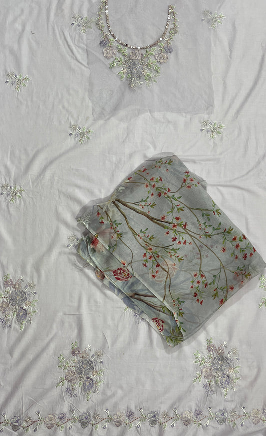 Cross stitch emb 3pc suit lawn with silk dupatta