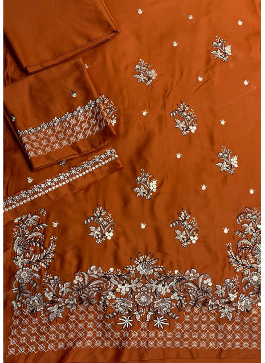 Cross stitch emb satin 3pc with printed cotail shawl