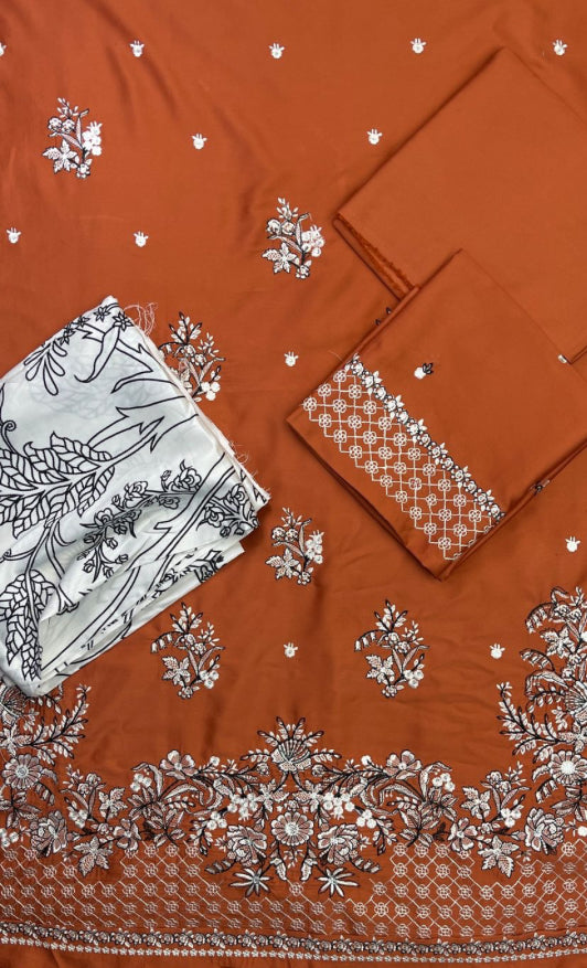 Cross stitch emb satin 3pc with printed cotail shawl