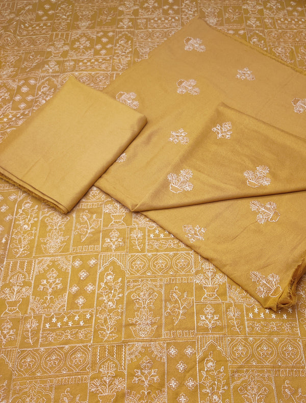 Peach leather emb 3pc suit with emb shawl