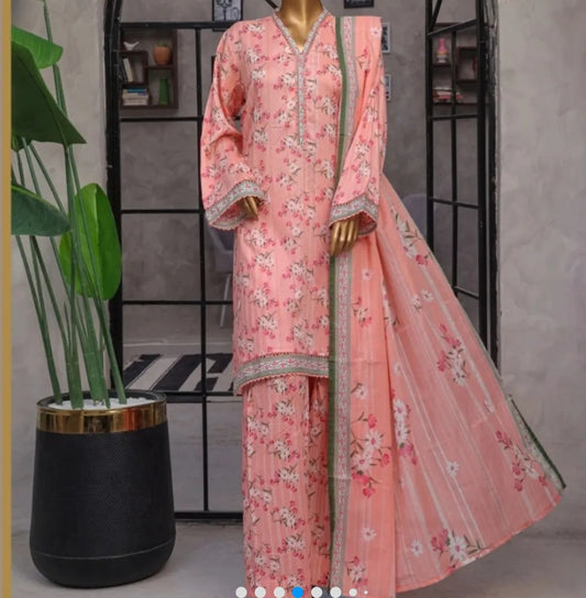 Binsaeed printed lawn 3pc with farshi shalwar