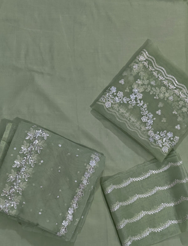 Cross stitch formal plain silk with emb organza dupatta patches with patch